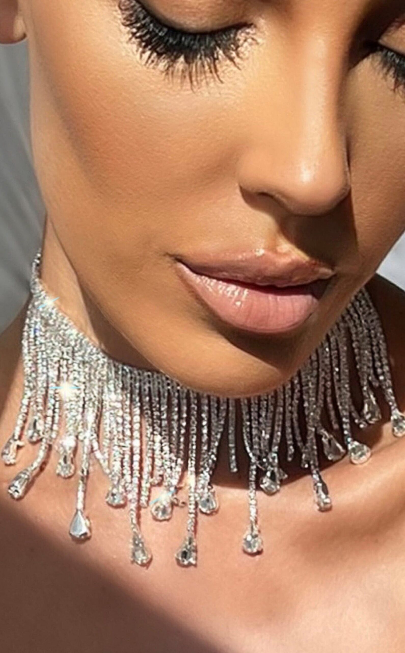 Fashionslee Women Silver Choker Diamante Tassel Necklace