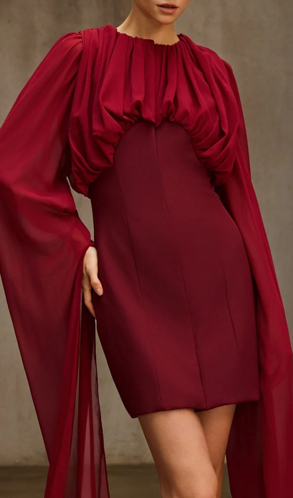 TRENDING CAPE SLEEVE RUCHED MINI DRESS - OWNCI