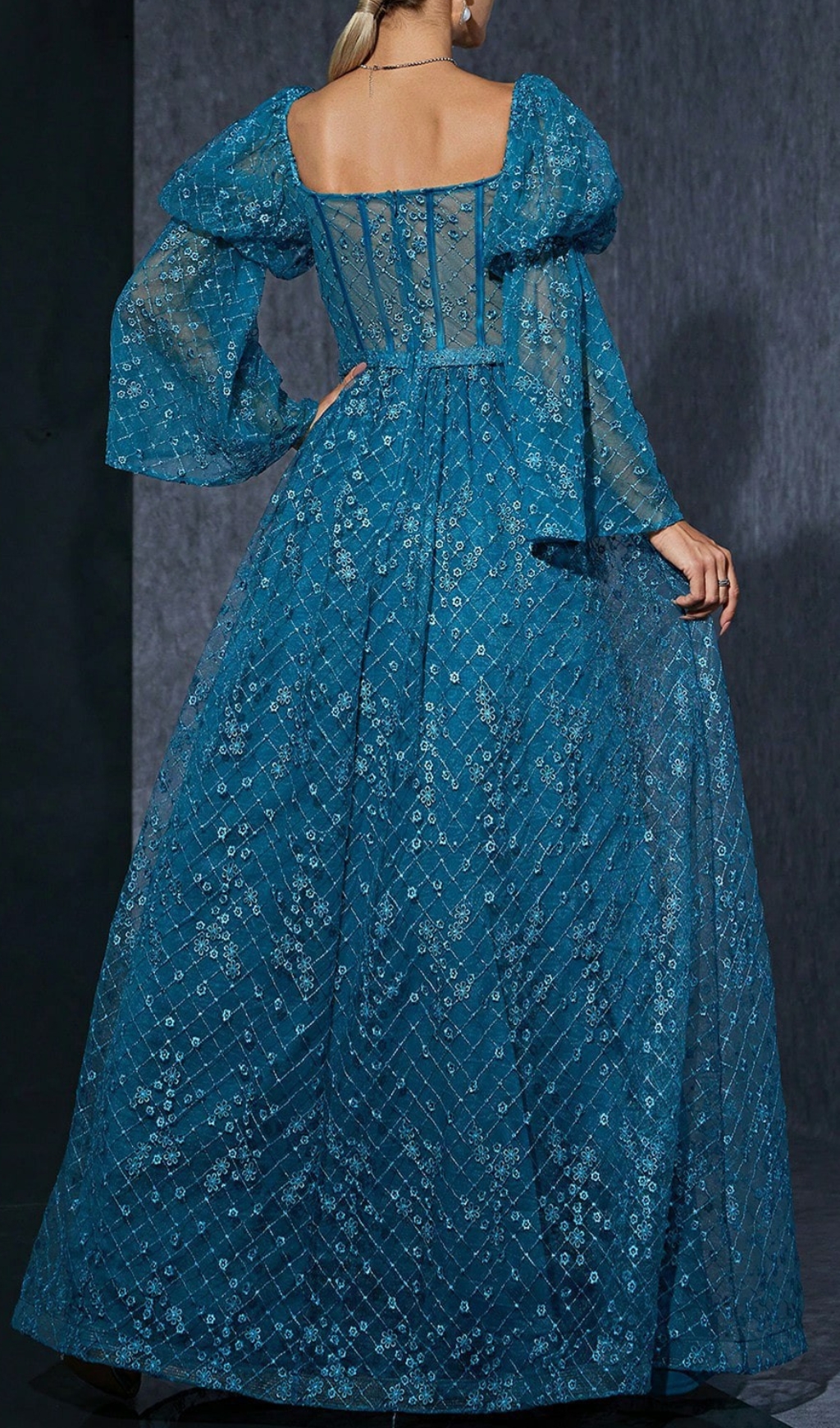 Fashionslee Women Dita Blue Corset Floral Embroidery Maxi Dress