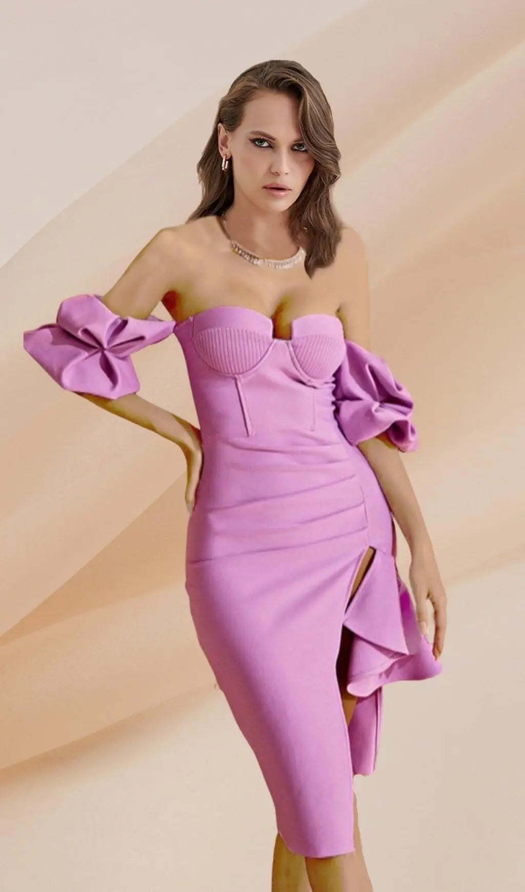 Fashionslee Women Strapless Draped Sleeve Slits Bandage Midi Dress