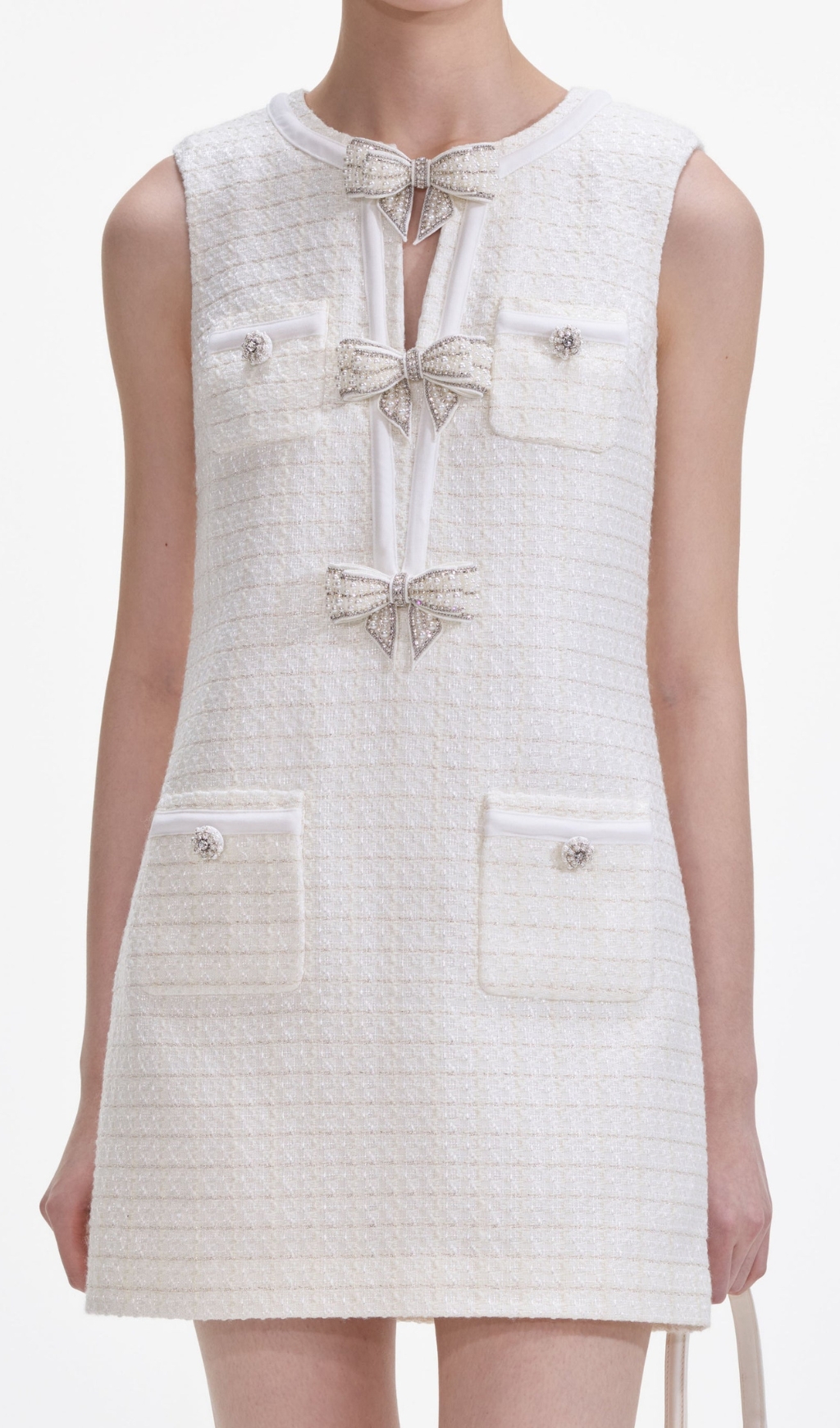 c3d8594cf8a2674f4ebba01daab23cda.jpg Fashionslee Women Cream Boucle Bow Mini Dress