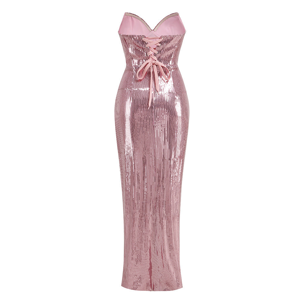 Fashionslee Women Strapless Sequin Split Maxi Dress