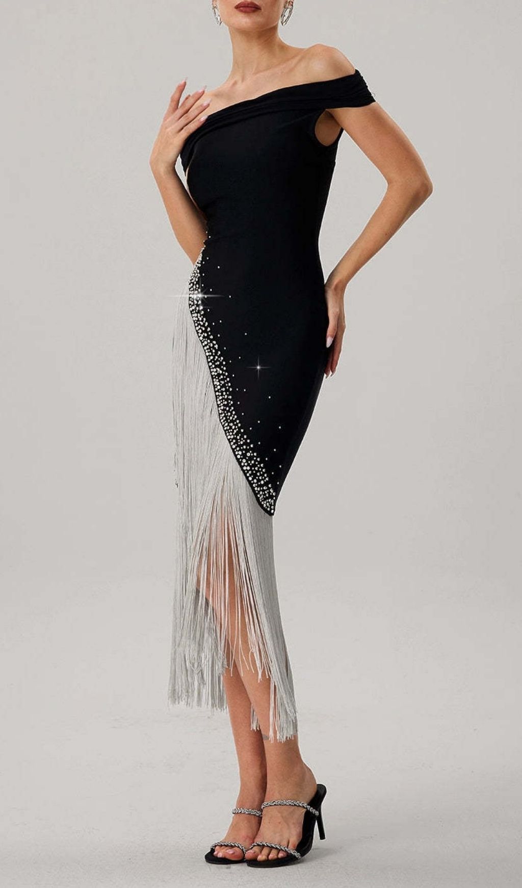 Fashionslee Women Koda Silver Tassel Diamante Bandage Midi Dress
