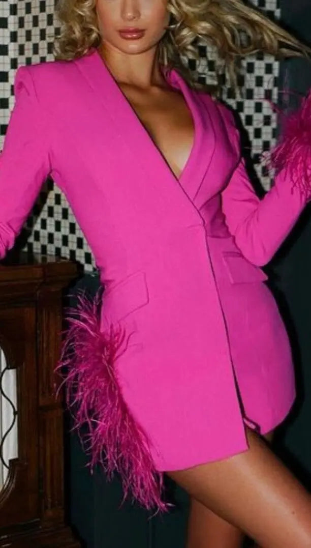 Fashionslee Women Feather Jacket Dress In Hyper Pink