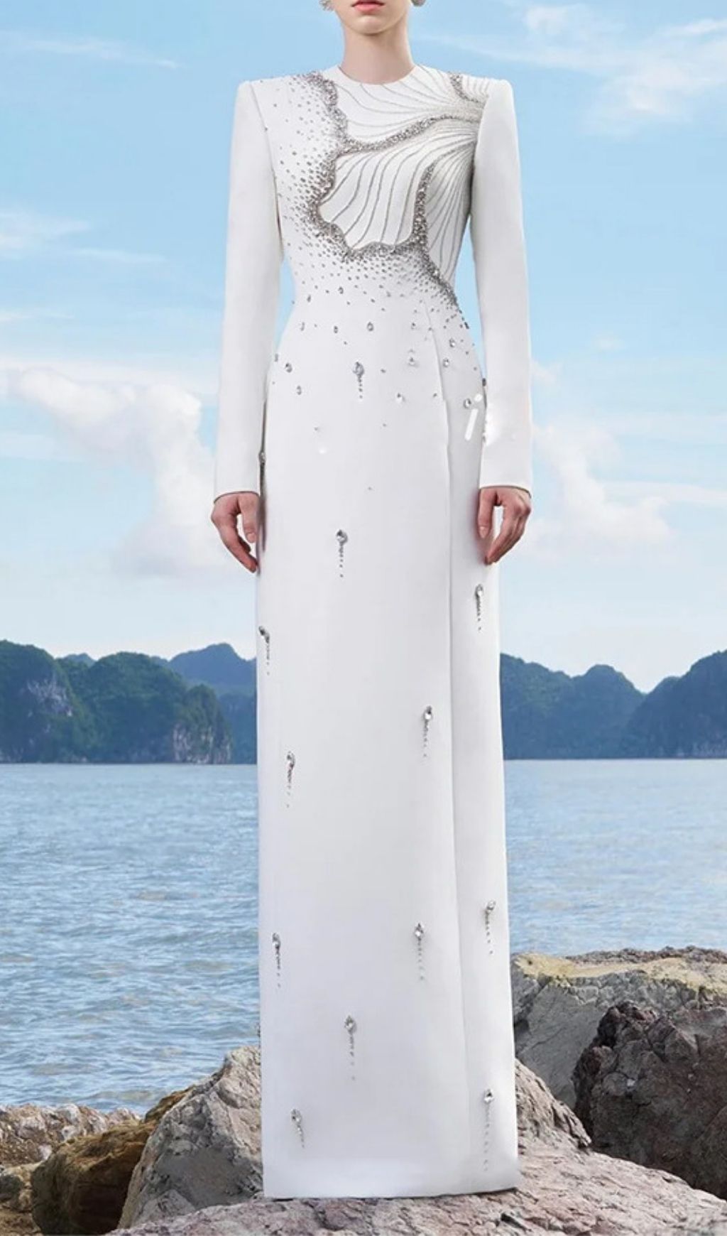 Fashionslee Women Josephe White Long Sleeve Diamante Maxi Dress