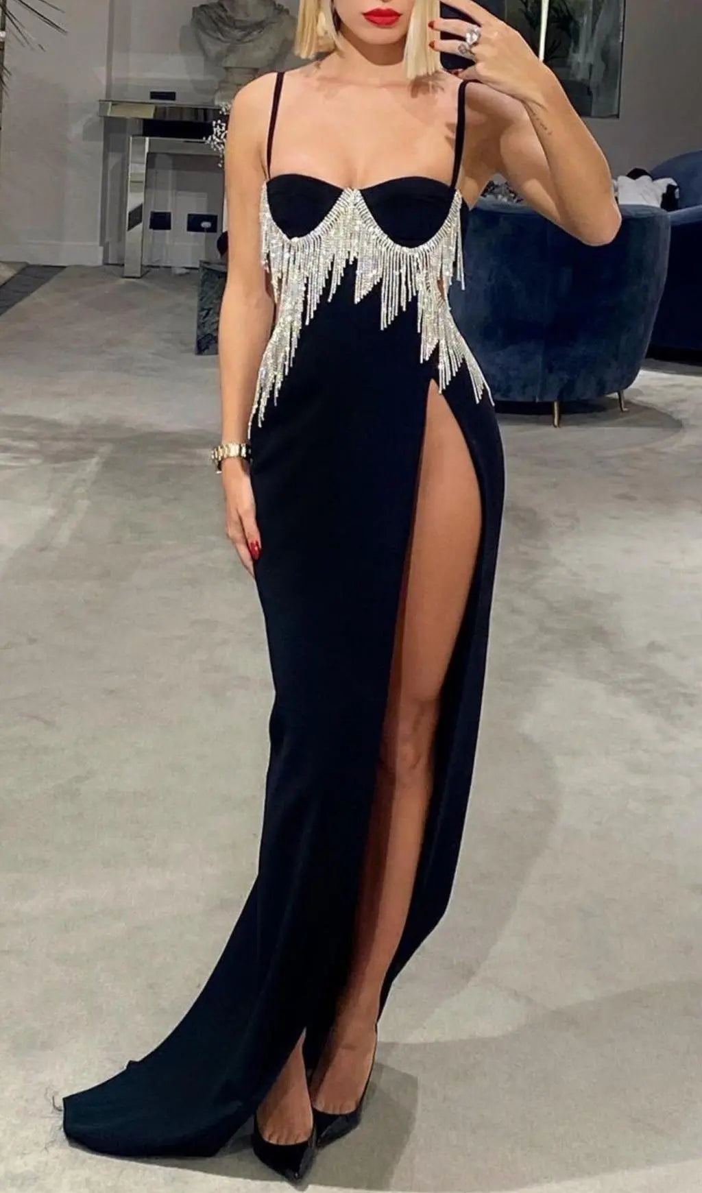 Fashionslee Women Black Diamond Tassel Slit Maxi Dress