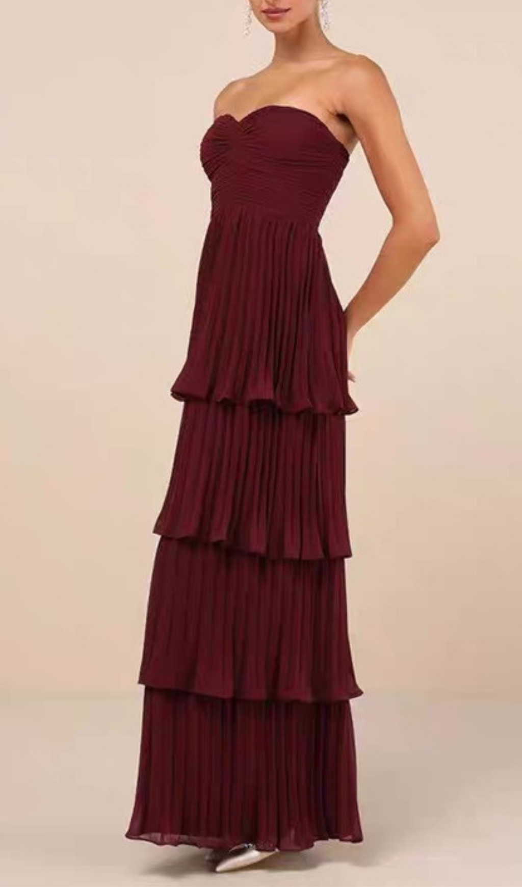 Fashionslee Women Ensio Wine Strapless Pleated Maxi Dress