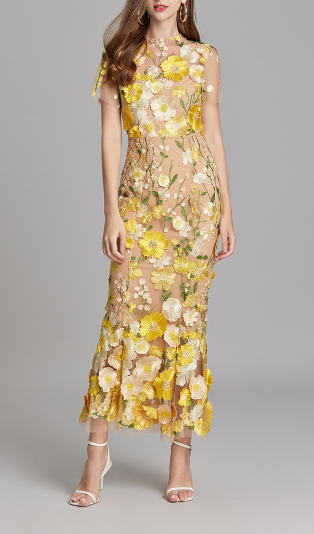 c49740b790b99e8ec1a2817f26eb6c16.jpg Fashionslee Women Carol Yellow Floral Embroidery Mesh Fishtail Midi Dress