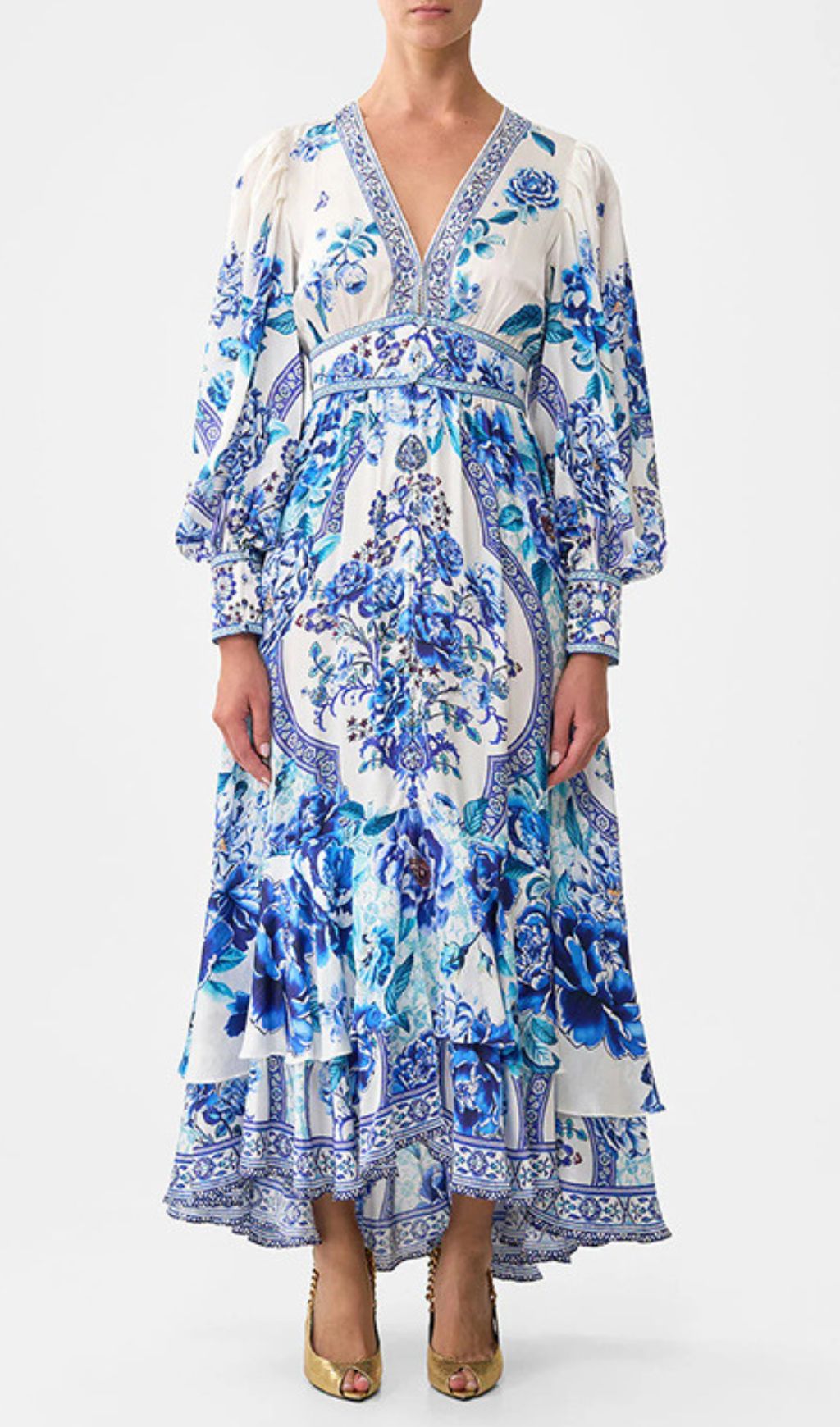 Fashionslee Women Jalie Blue Printed Long Sleeve Maxi Dress