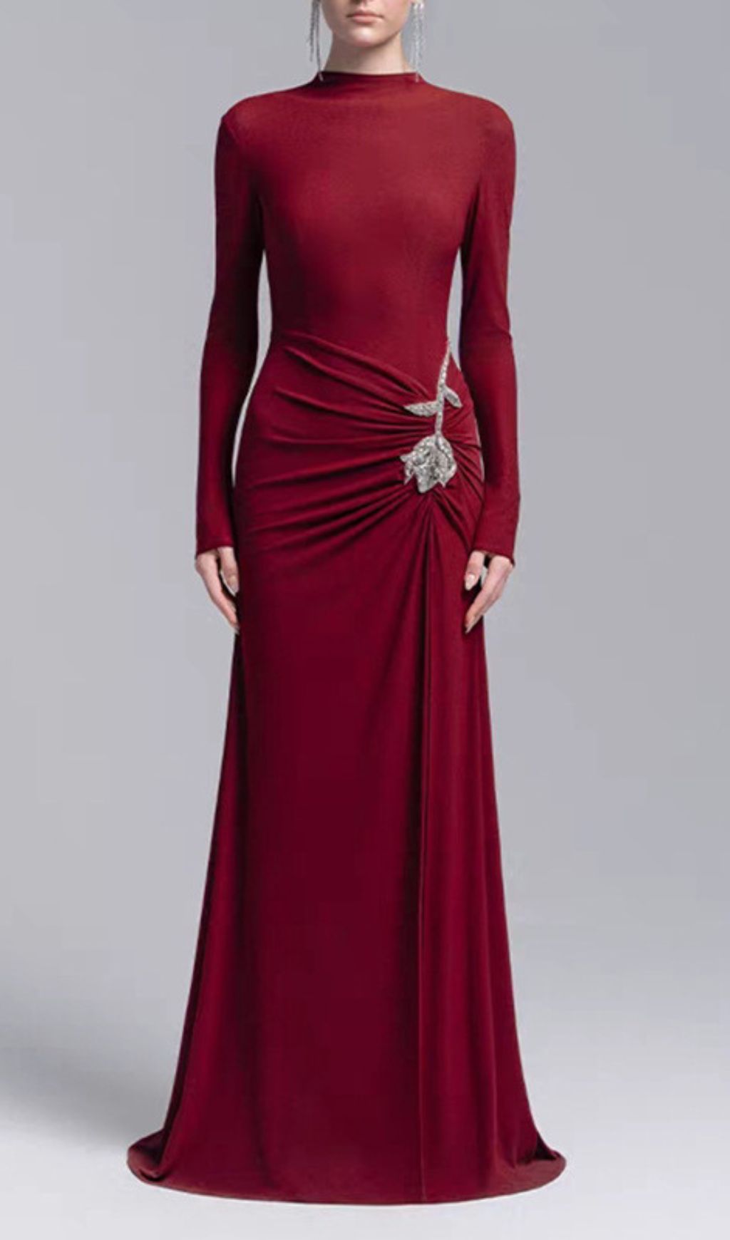 Fashionslee Women Ikuko Flower Ruched Long Sleeve Maxi Dress