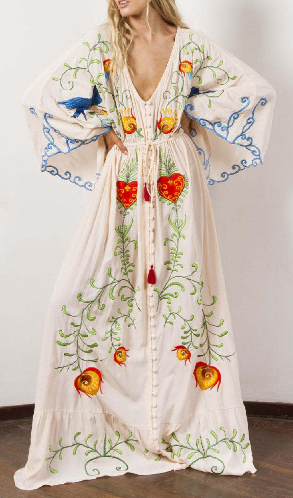 Fashionslee Women Gita Flower Embroidery Long Sleeve Maxi Dress