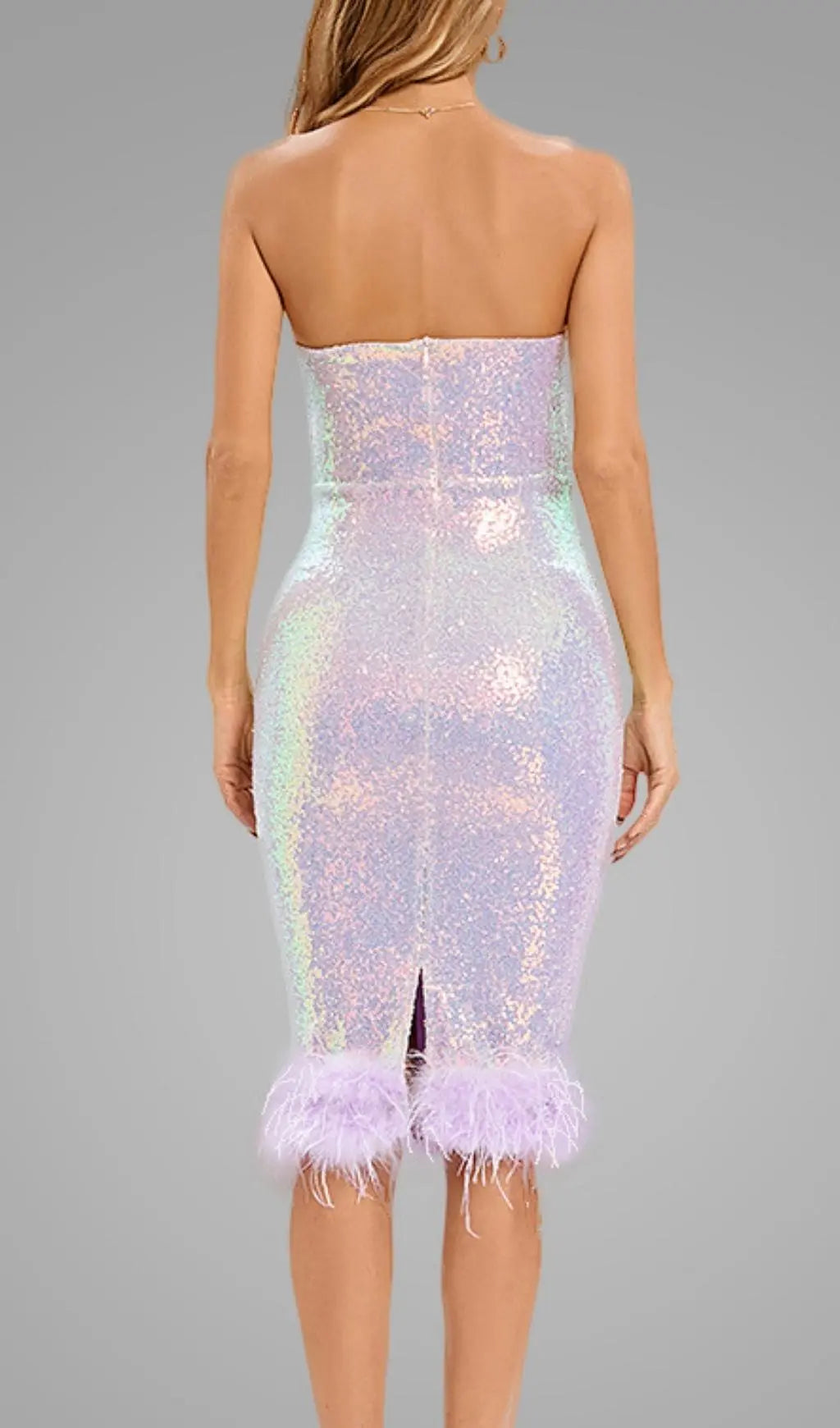 Fashionslee Women Purple Strapless Sequin Feather Midi Dress