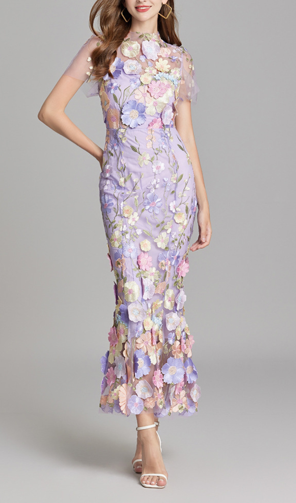 Fashionslee Women Carol Purple Floral Embroidery Mesh Fishtail Midi Dress