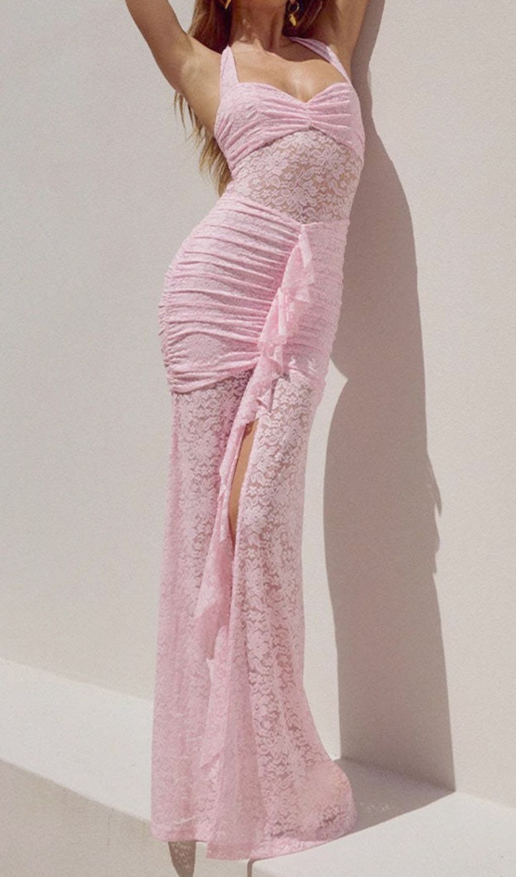 Fashionslee Women Fusayo Pink Halter Ruched Lace Maxi Dress