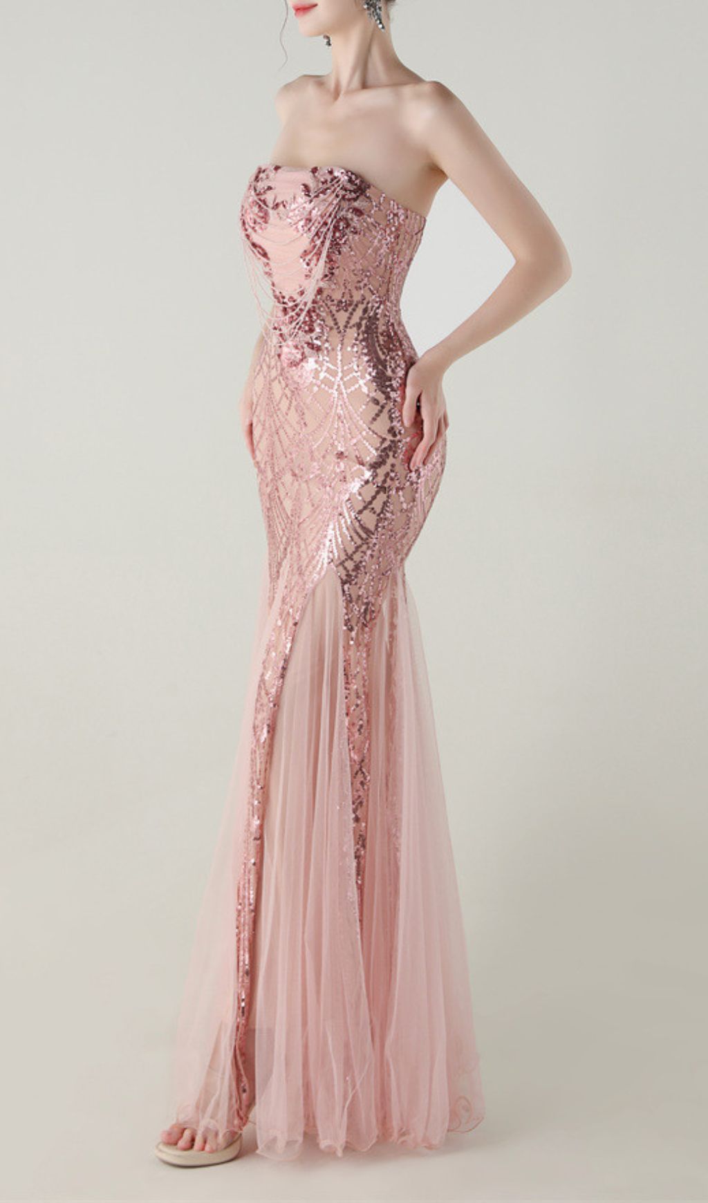 Fashionslee Women Ikuye Pink Strapless Sequin Mesh Maxi Dress