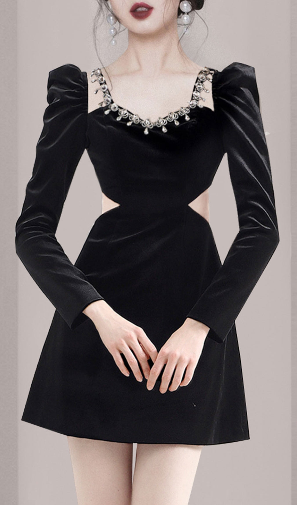 Fashionslee Women Square Neck Long Sleeve Velvet Mini Dress