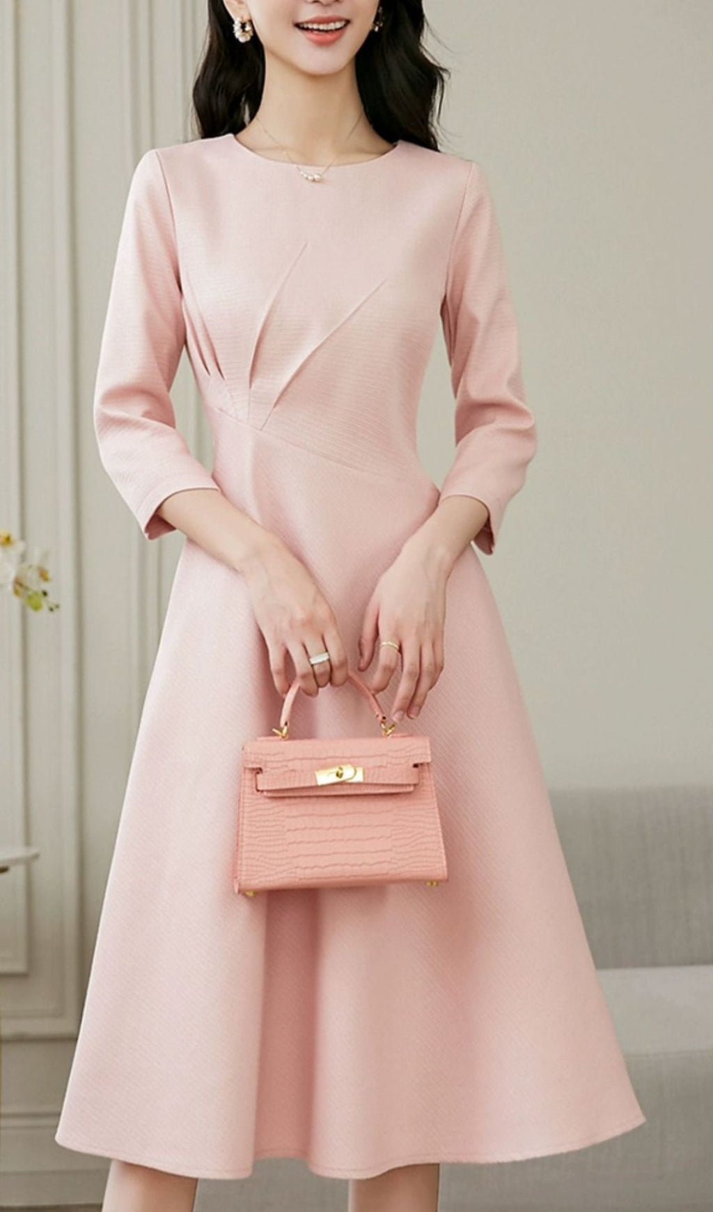 Fashionslee Women Elegant Pink Long Sleeve Midi Dress