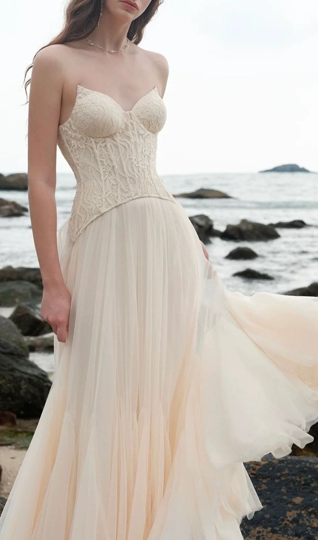 Fashionslee Women Finja Apricot Strapless Corset Mesh Maxi Dress