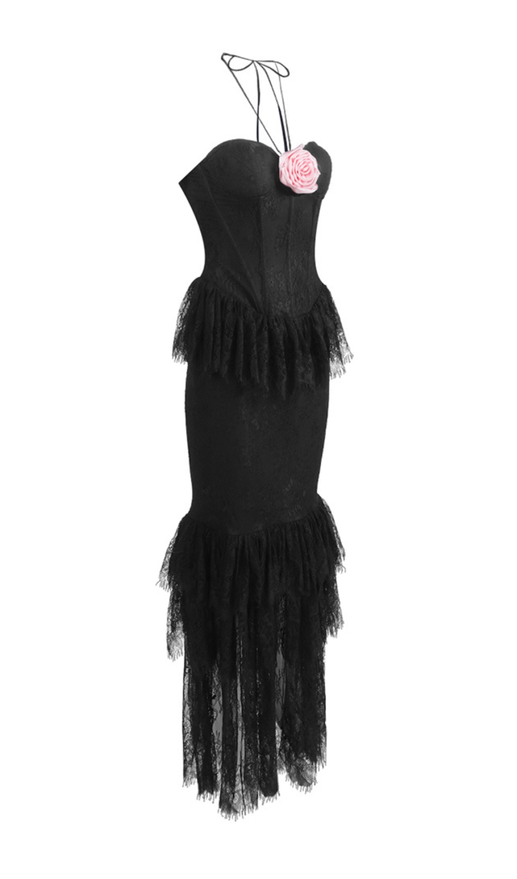 Fashionslee Women Black Halter Floral Lace Ruffle Maxi Dress