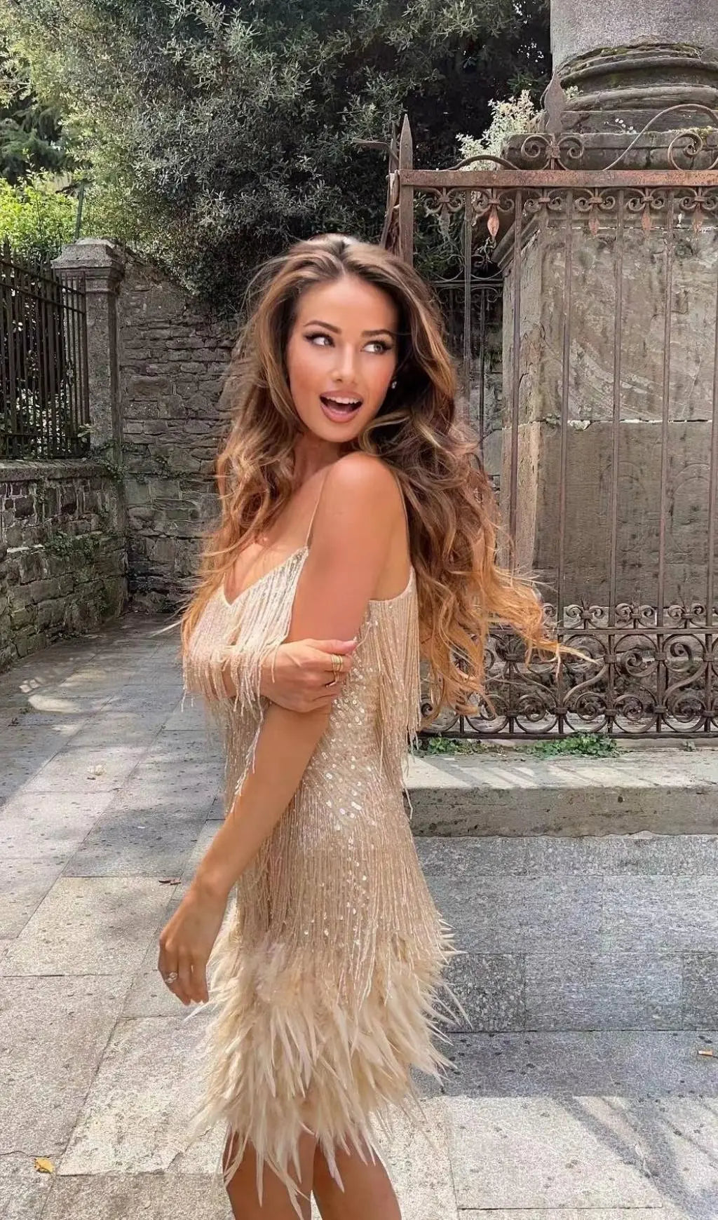 Fashionslee Women Tassel Feather Mini Dress In Beige