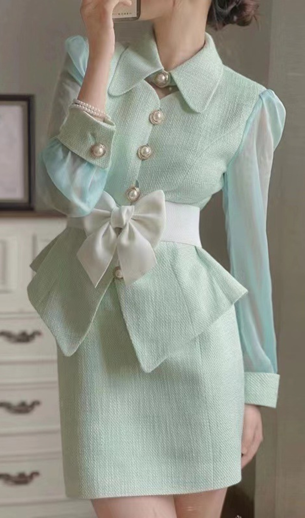 Fashionslee Women Boston Green Pearl Button Bow Skirt Set