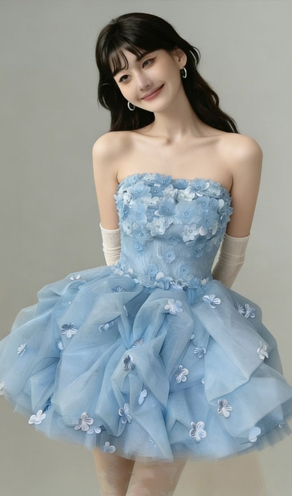 Fashionslee Women Krista Blue Strapless Flower Mini Dress