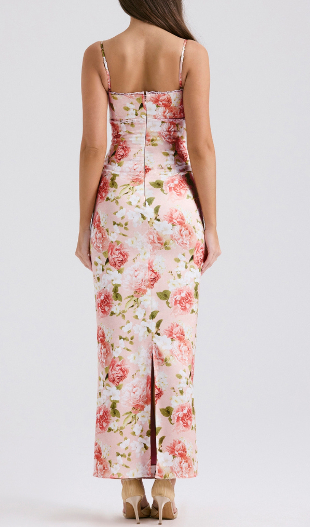 Fashionslee Women Beasley Pink Peony Print Slit Maxi Dress
