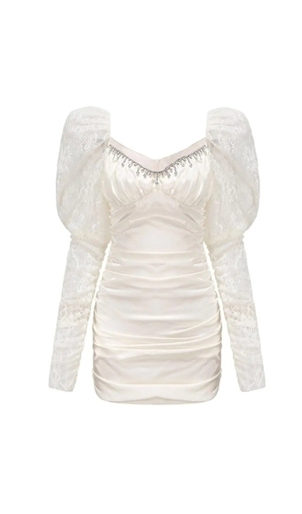 Fashionslee Women Pleated Dress With Lace Puffed Sleeves In White