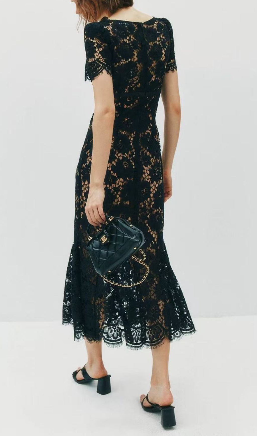 Fashionslee Women Imelda Black V-Neck Lace Midi Dress