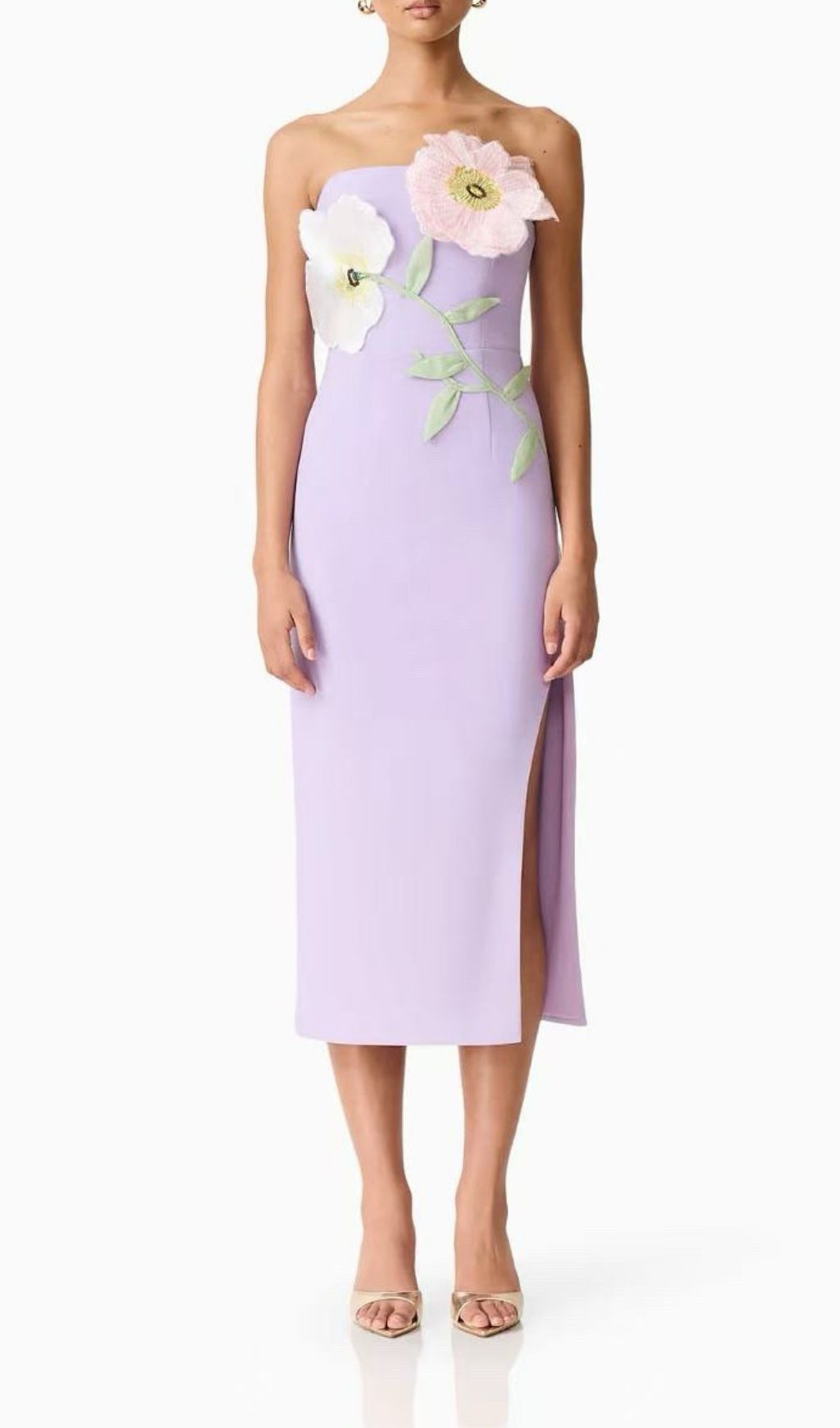 Fashionslee Women Kifle Purple Strapless Embroidery Flower Midi Dress