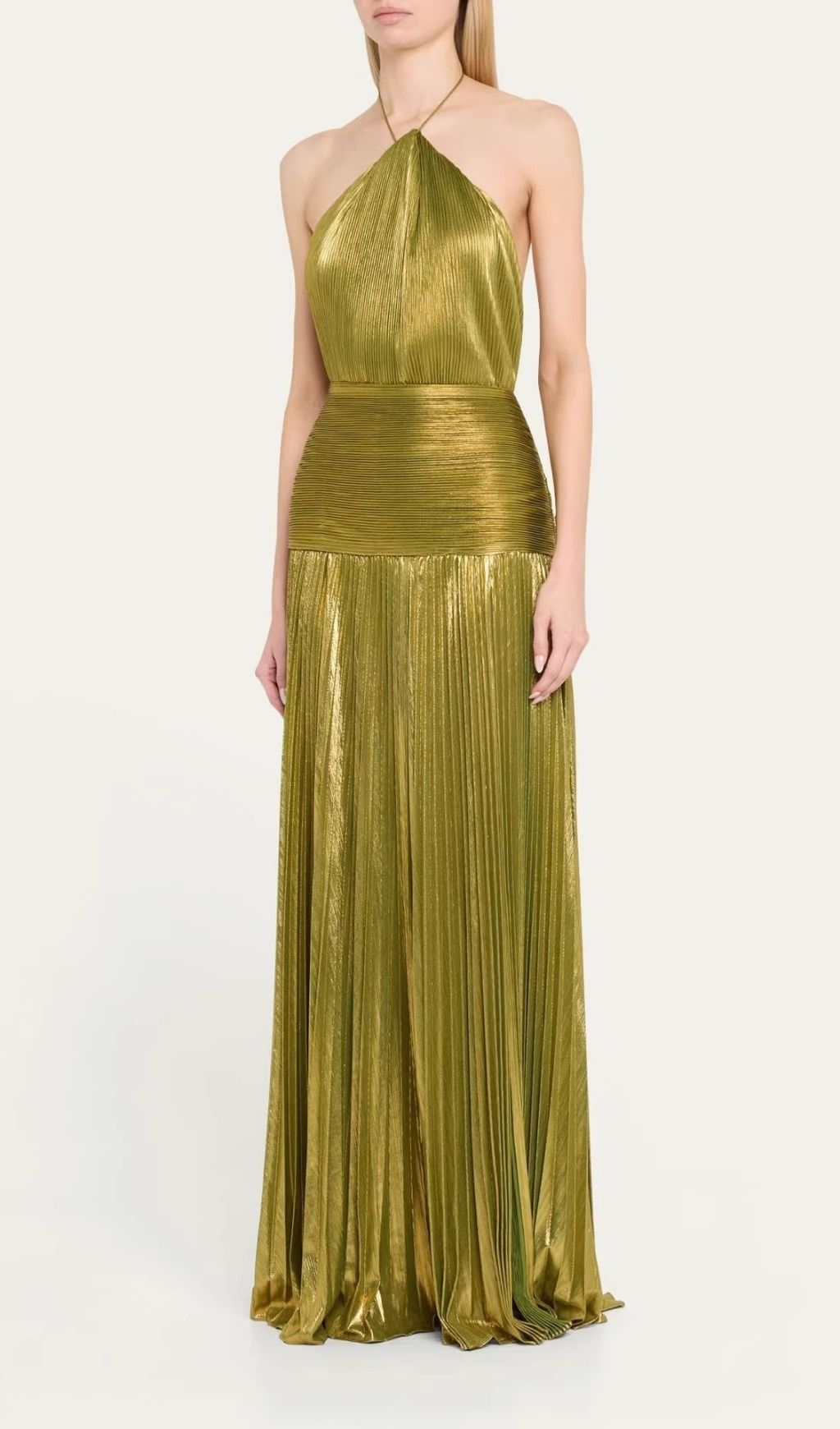 Fashionslee Women Syriona Halterneck Split Pleated Metallic Maxi Dress In Green