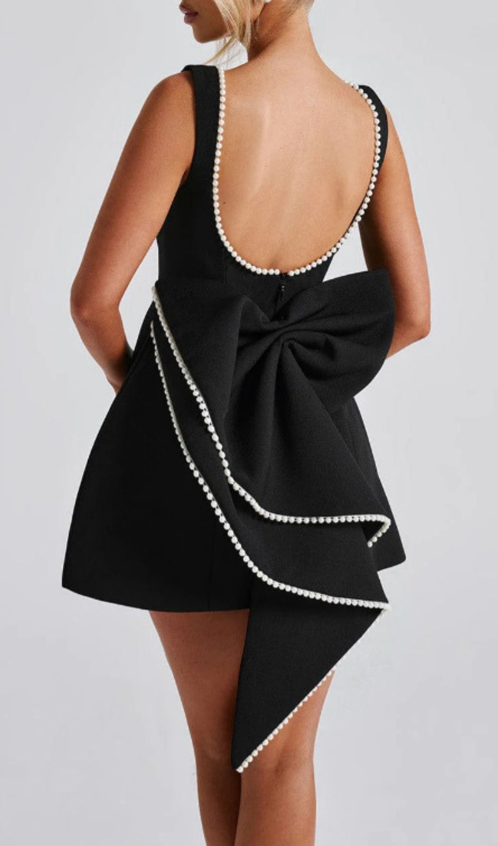 Fashionslee Women Eimear Black Backless Pearl Bow Mini Dress