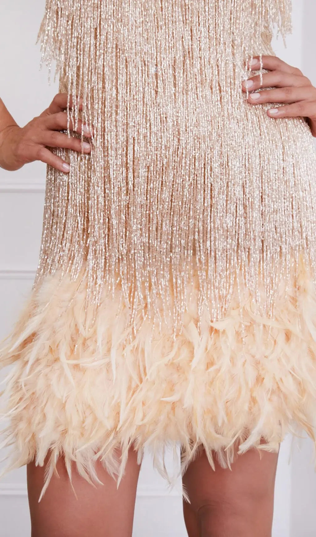 Fashionslee Women Tassel Feather Mini Dress In Beige
