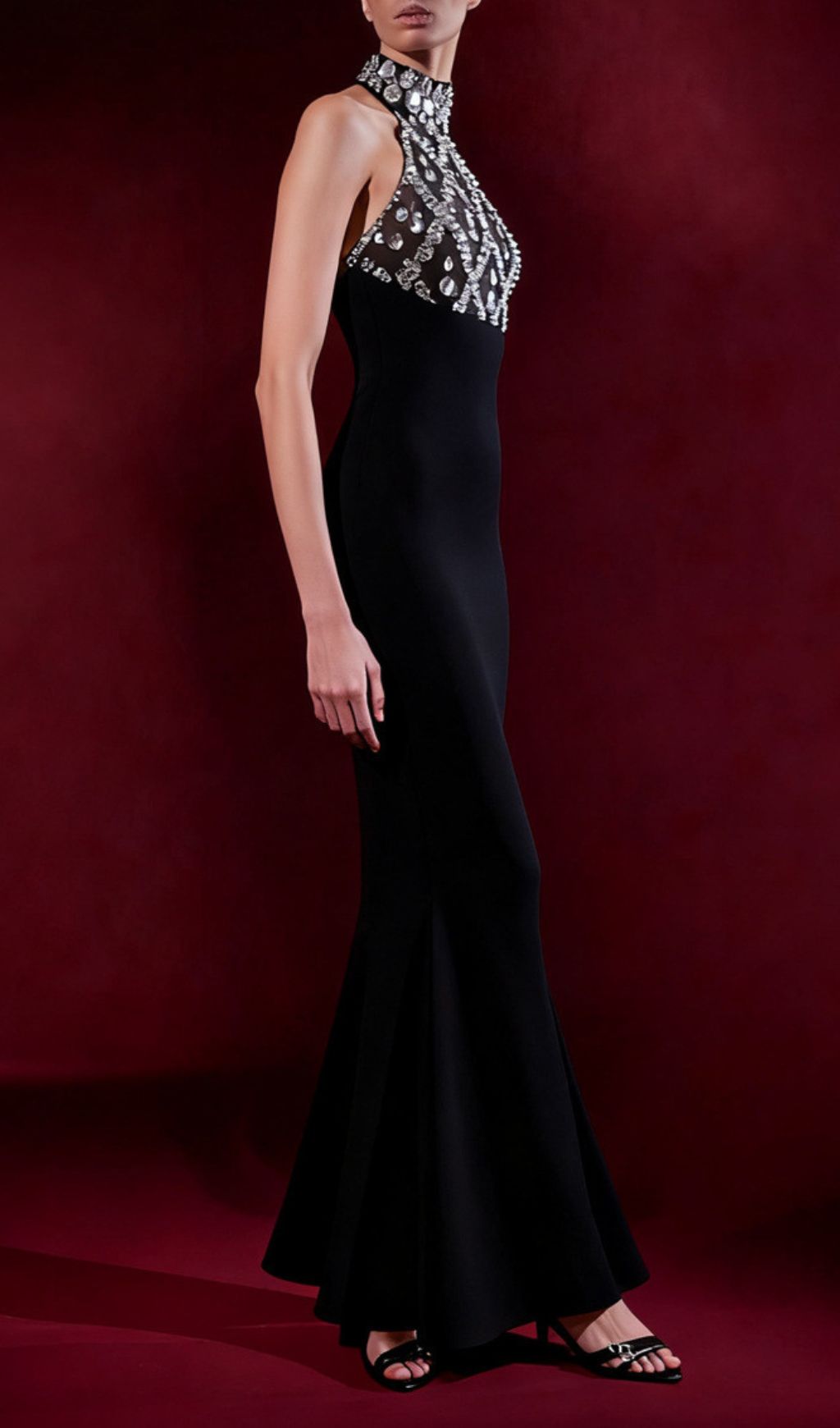 Fashionslee Women Iwao Black Halter Rhinestone Maxi Dress