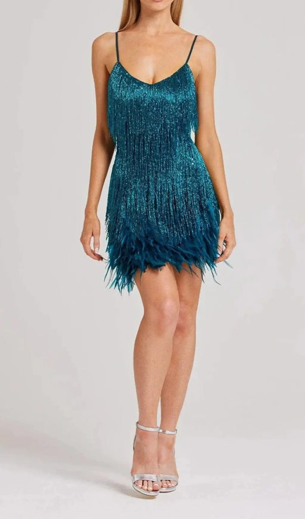 Fashionslee Women Tassel Feather Mini Dress In Dark Green