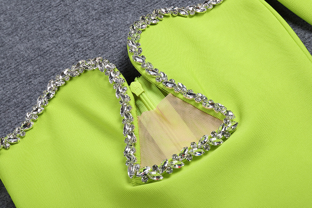 c84e82fc7582af5c14981f0ff9d25c69.jpeg Fashionslee Women Green V-Neck Off-Shoulder Long-Sleeved Mesh Diamond Bandage Dress
