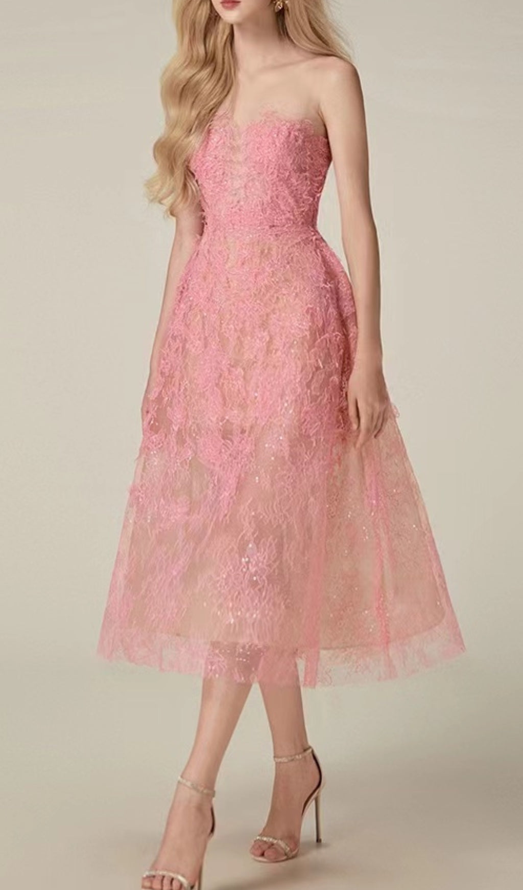 Fashionslee Women Allyson Pink Floral Lace Embroider Midi Dress