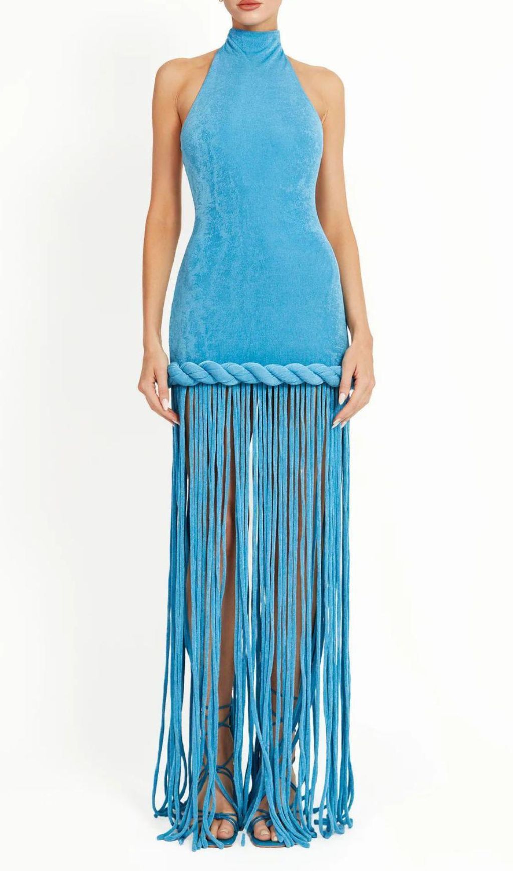 Fashionslee Women Jamie Blue Halter Tassel Velvet Maxi Dress