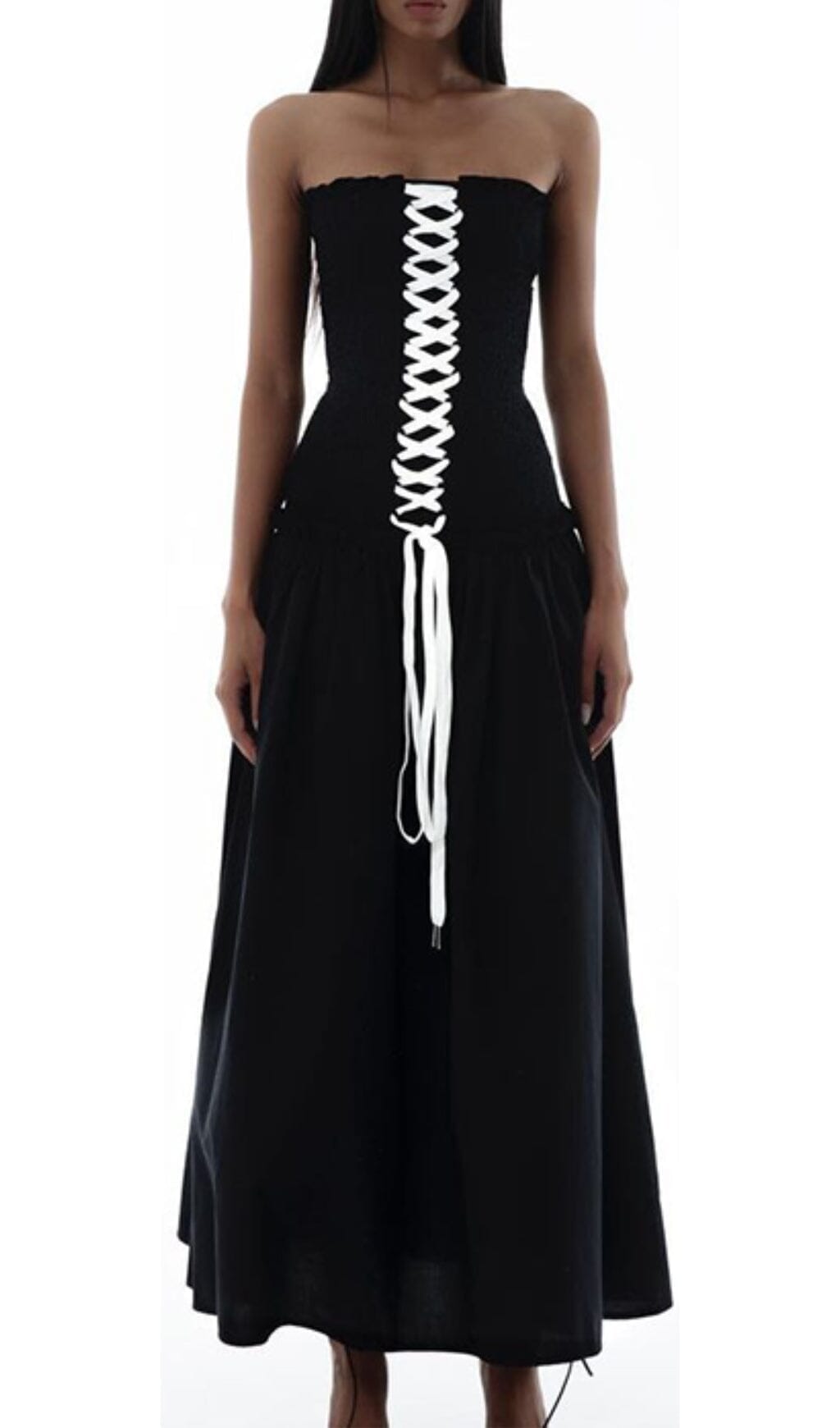 Fashionslee Women Front Lace Up Strapless Maxi Dress In Black
