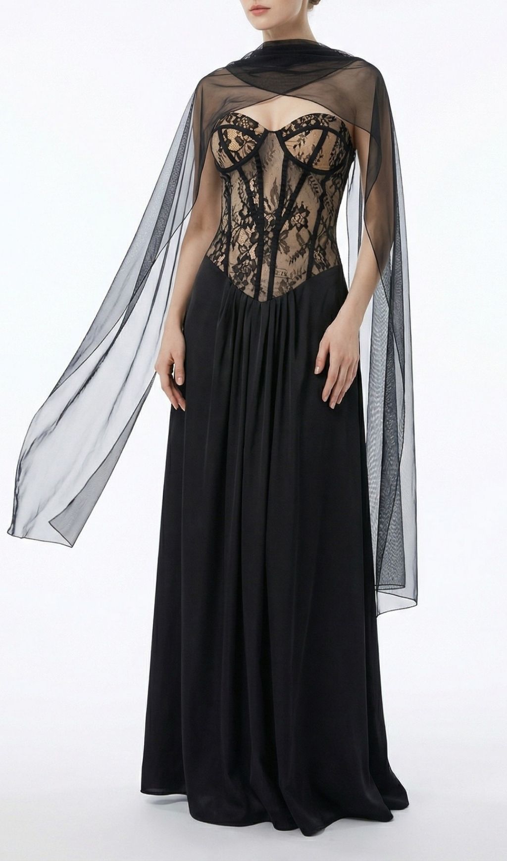 Fashionslee Women Kalei Black Lace Corset Mesh Maxi Dress
