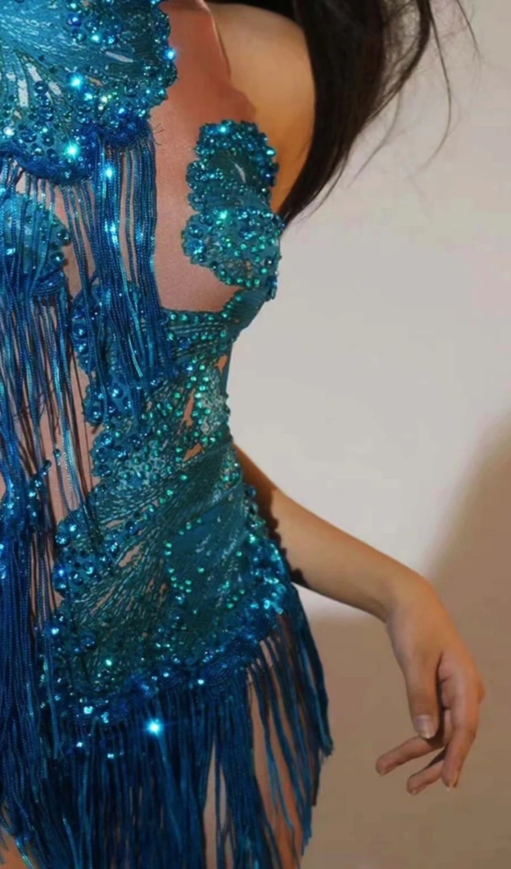 c95327b7c45b5b8a8f3c56f47ebe794c.jpg Fashionslee Women Shatora One Shoulder Rhinestone Fringe Bodysuit In Blue