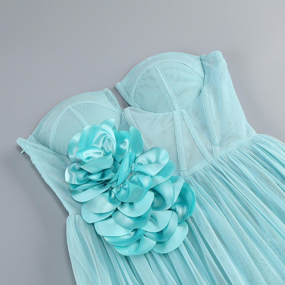 Fashionslee Women Blanca Blue Strapless Flower Corset Maxi Dress
