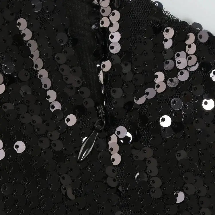 Fashionslee Women Black Sequin One Shoulder Feather Mini Dress