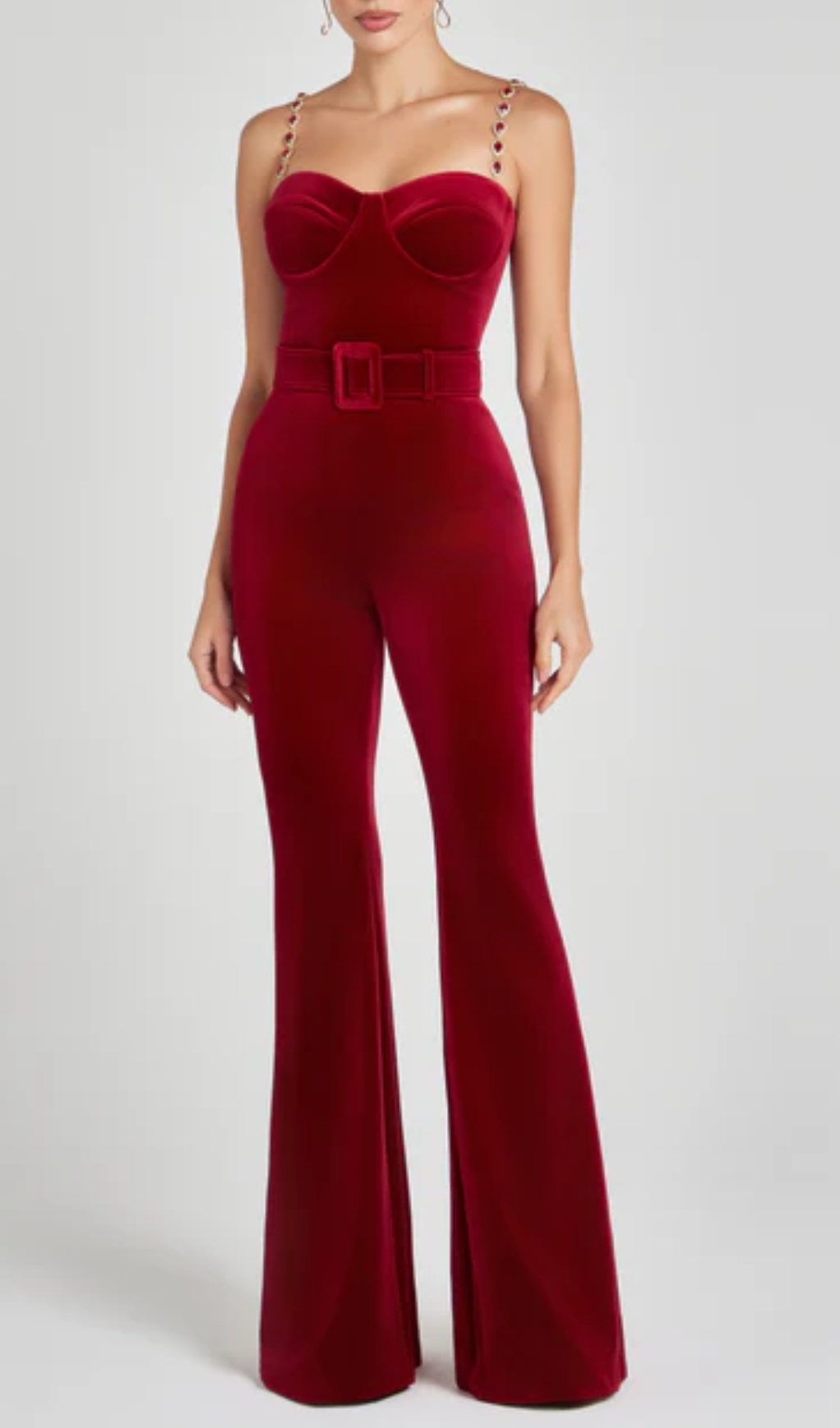 Fashionslee Women Bustier Detail Velvet Jumpsuit Red