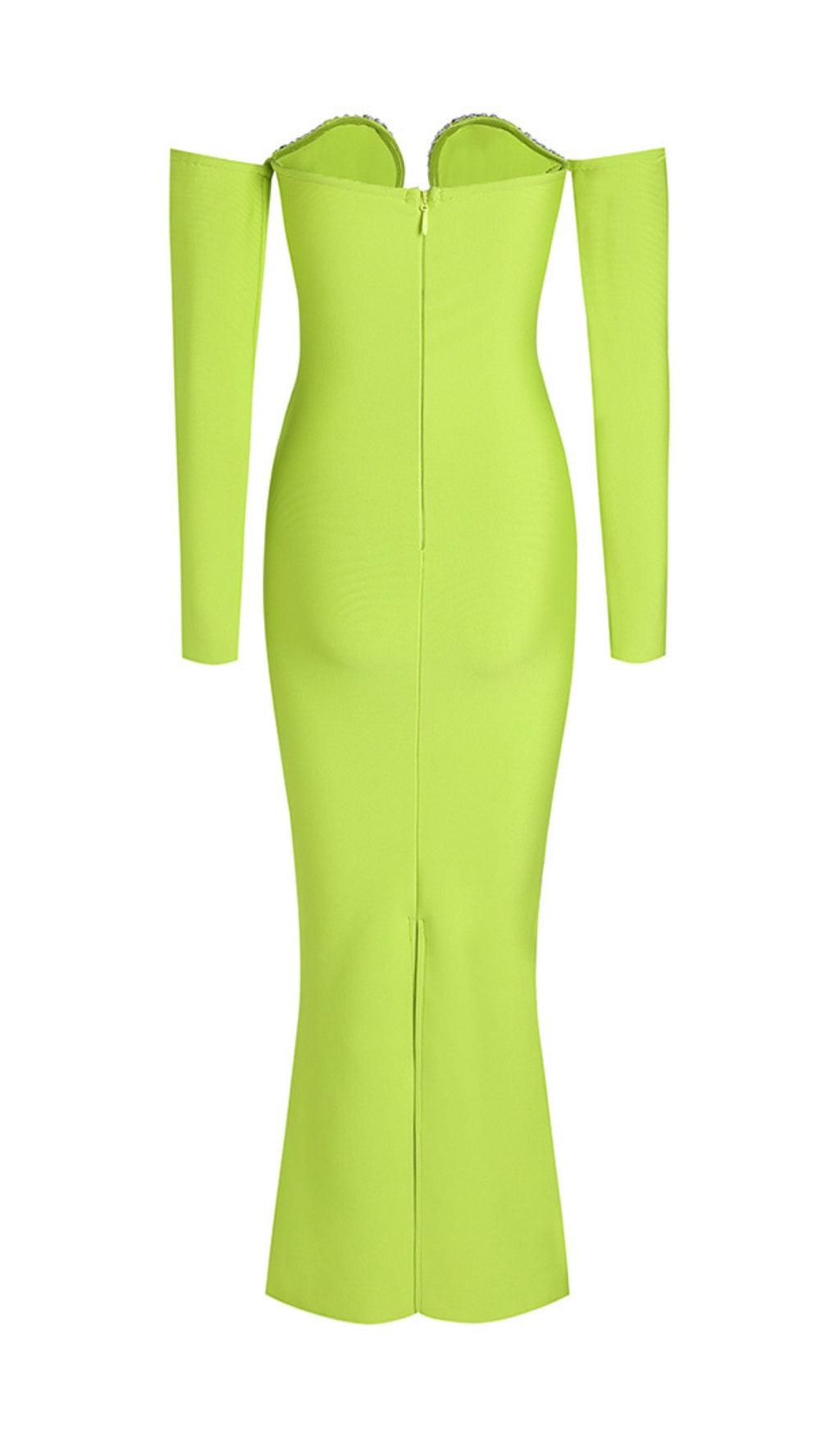ca25e76491f448659aa2c9c30a881493.jpeg Fashionslee Women Green V-Neck Off-Shoulder Long-Sleeved Mesh Diamond Bandage Dress