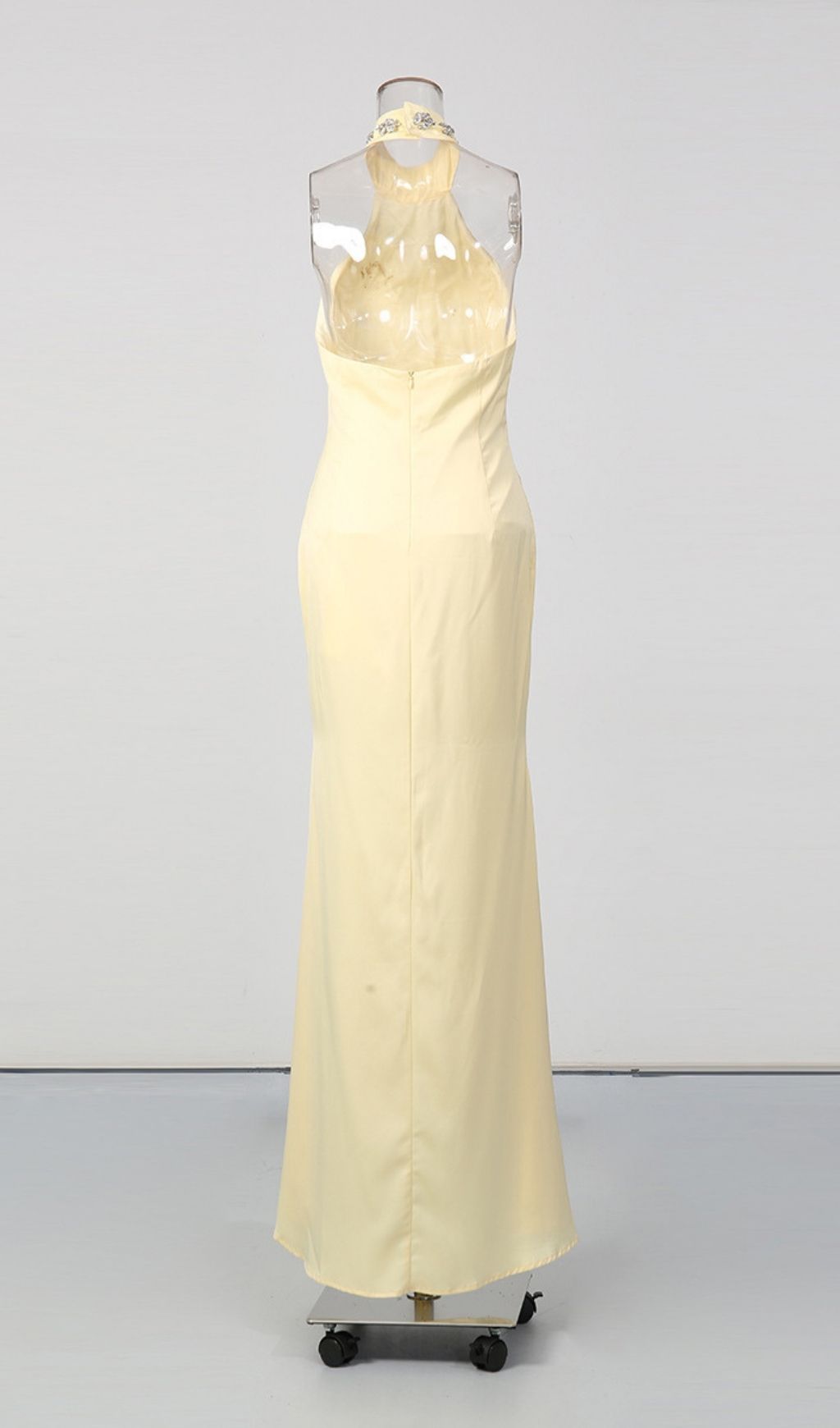 Fashionslee Women Lacy Yellow Halter Diamante Maxi Dress