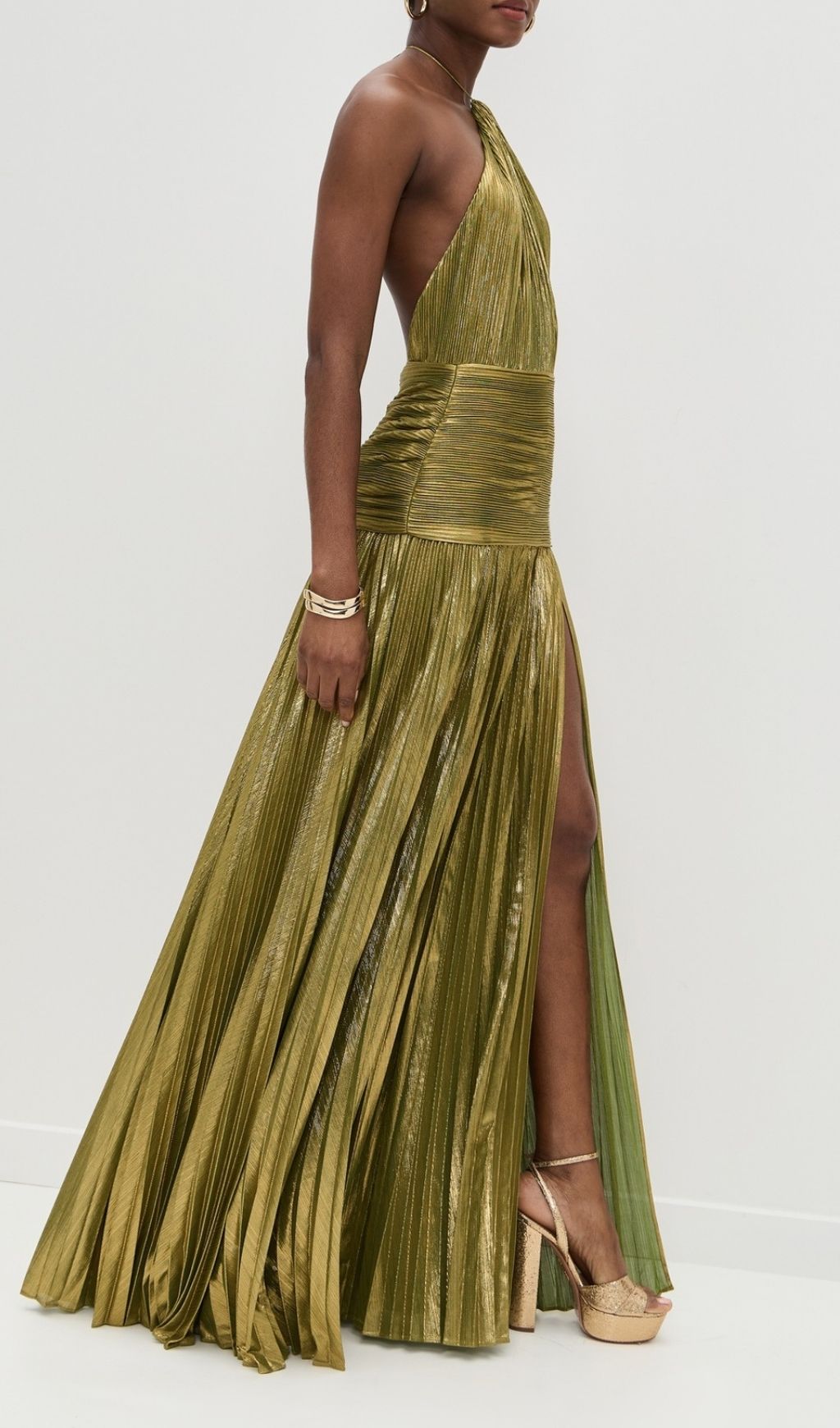 Fashionslee Women Syriona Halterneck Split Pleated Metallic Maxi Dress In Gold