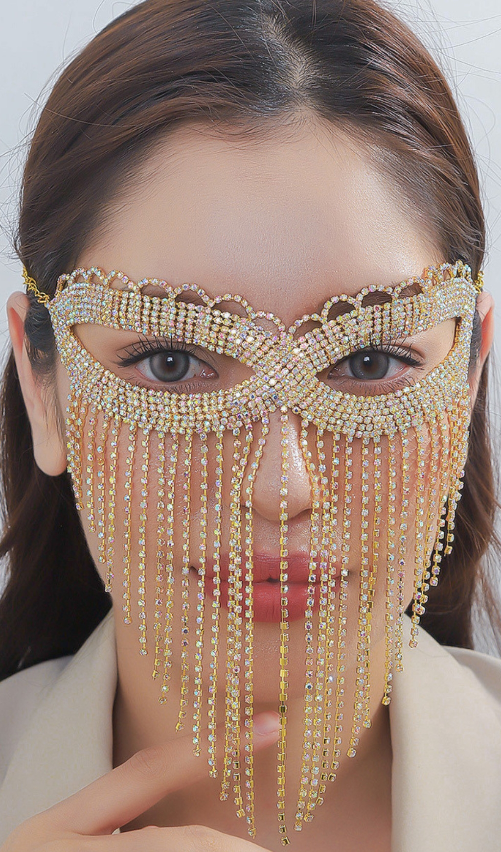 ca9302c5da513fc187ca3b8f5bba6cc9.jpg Fashionslee Women Dascha Rhinestone Tassel Mask