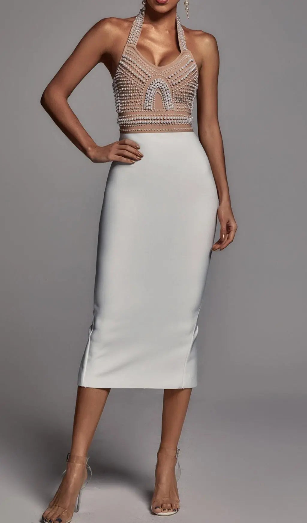 cab3651f1d314b80bd00e51458ab7262.jpeg Fashionslee Women Beige Pearl Halter Bandage Midi Dress