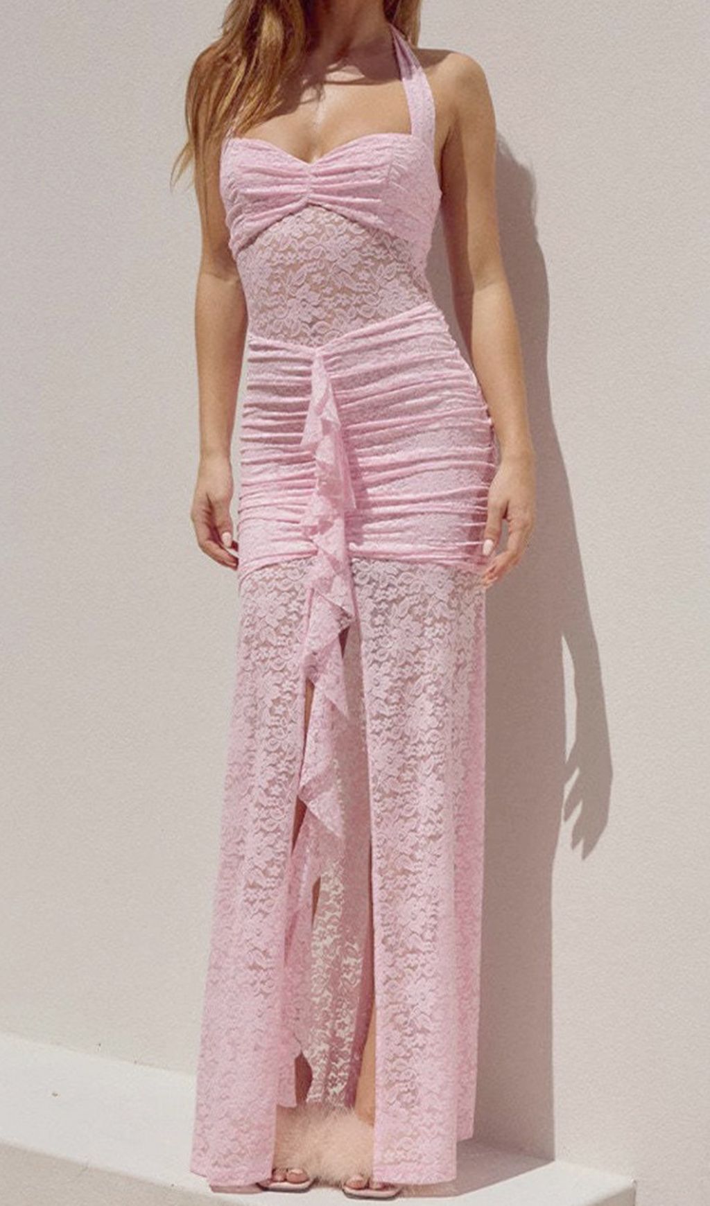Fashionslee Women Fusayo Pink Halter Ruched Lace Maxi Dress
